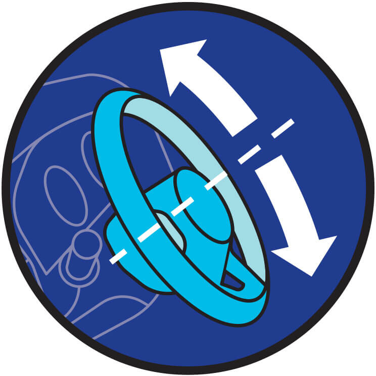 Illustrated icon of a steering wheel, with arrows to indicate it can move up and down