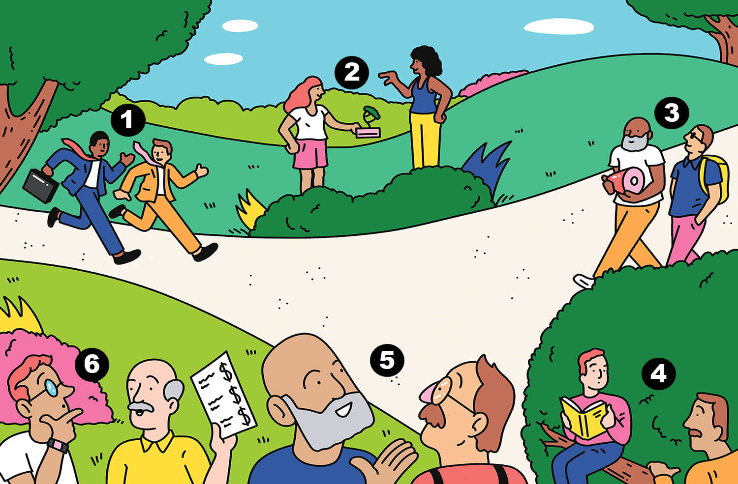 Illustrated scene of a park, where various groups of people are walking, sitting, and talking with each other.