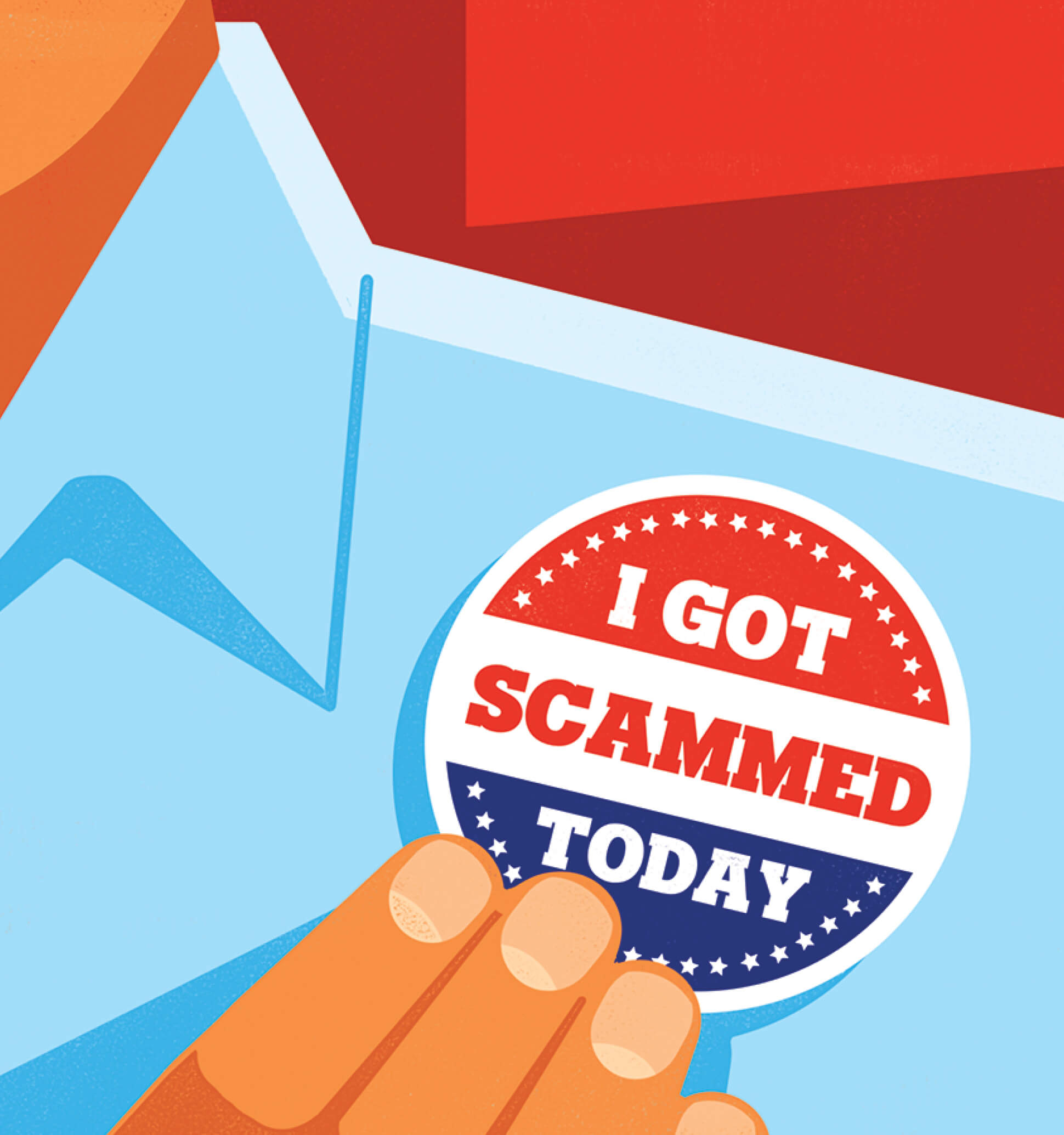 Illustration of a man wearing a voting sticker that says, I Got Scammed Today