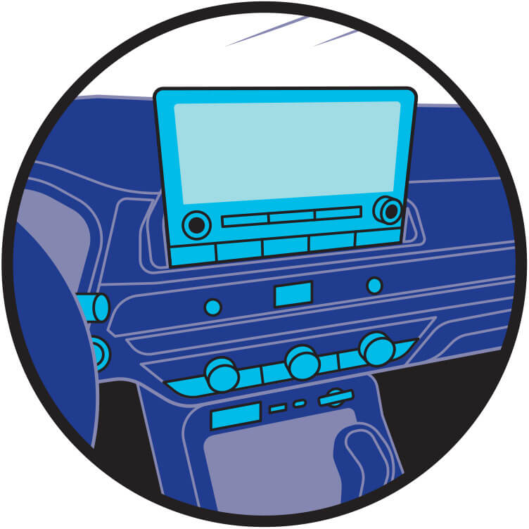 Illustrated icon of a car's dashboard touch screen