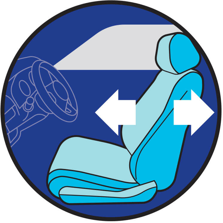 Illustrated icon of a car seat, with arrows to indicate it can move forward and backward