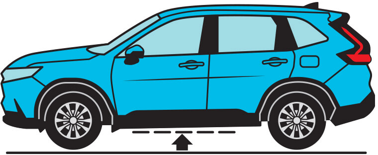 Illustrated icon of side profile of a blue midsized SUV. An arrow is pointing to the distance between the ground and the bottom of the driver's side door