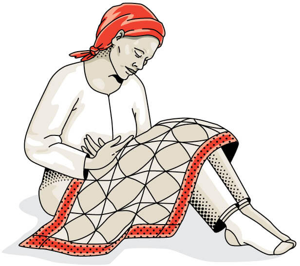 Illustration of a woman sitting under a blanket, holding her stomach in discomfort.