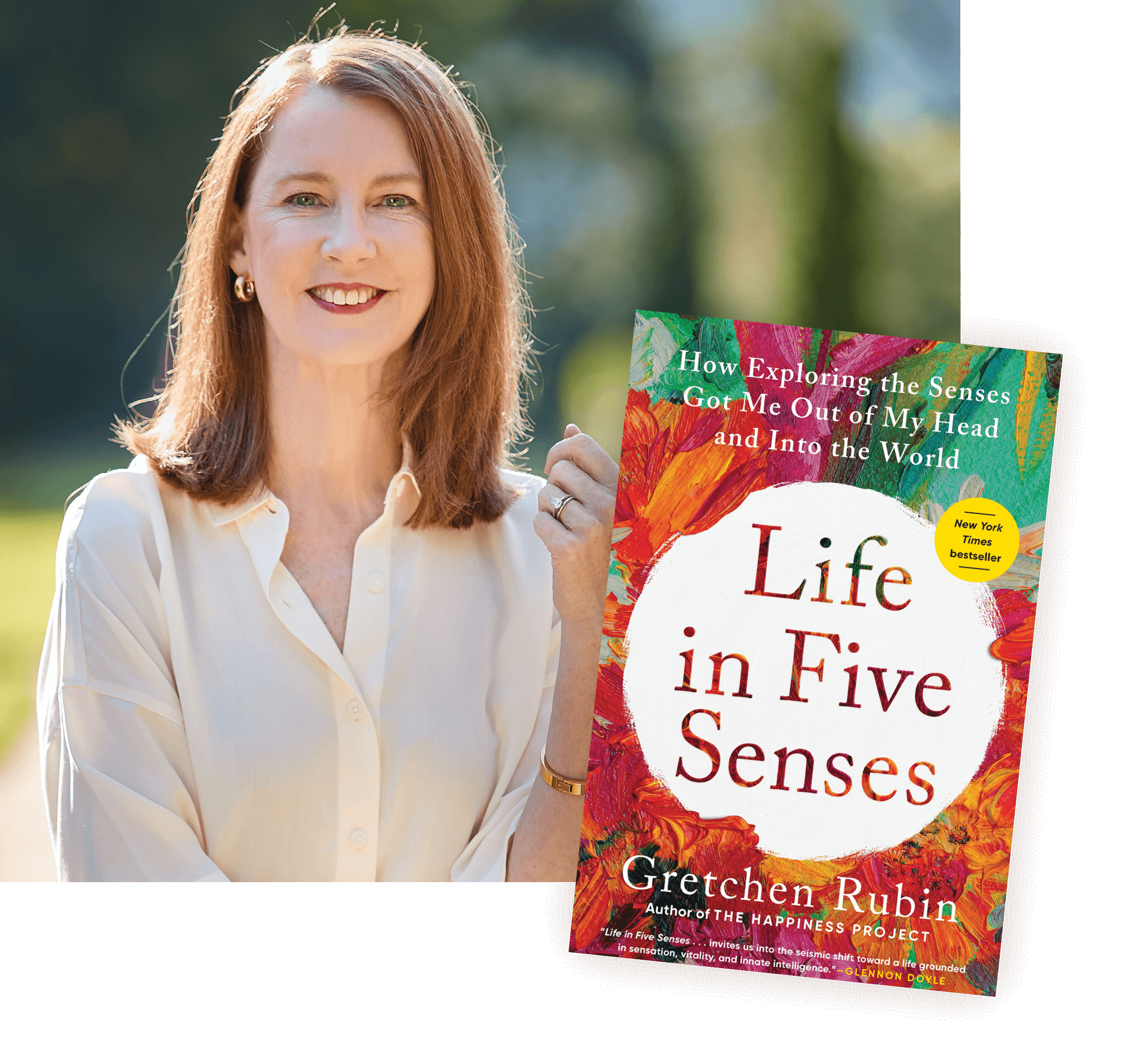 Photo of Gretchen Rubin next to book cover, Life in Five Senses