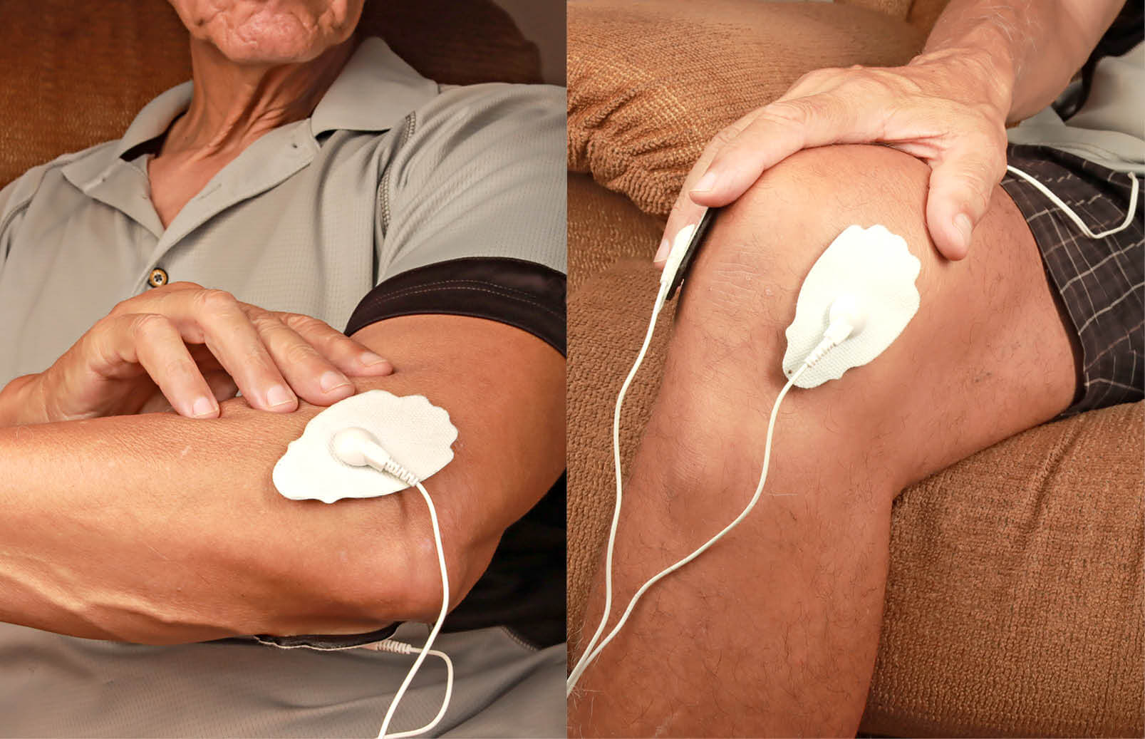 Photo of a man wearing a TENS device on his knee.