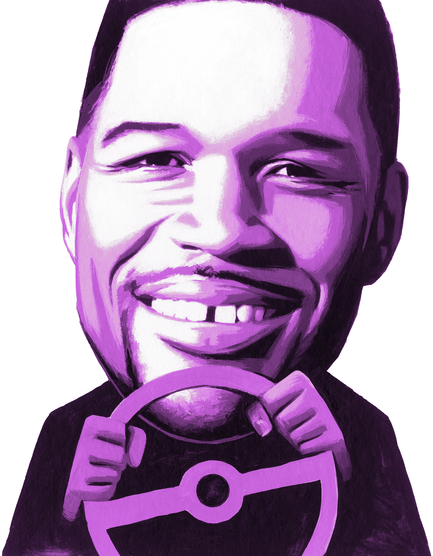 Portrait illustration of Michael Strahan holding a car steering wheel.