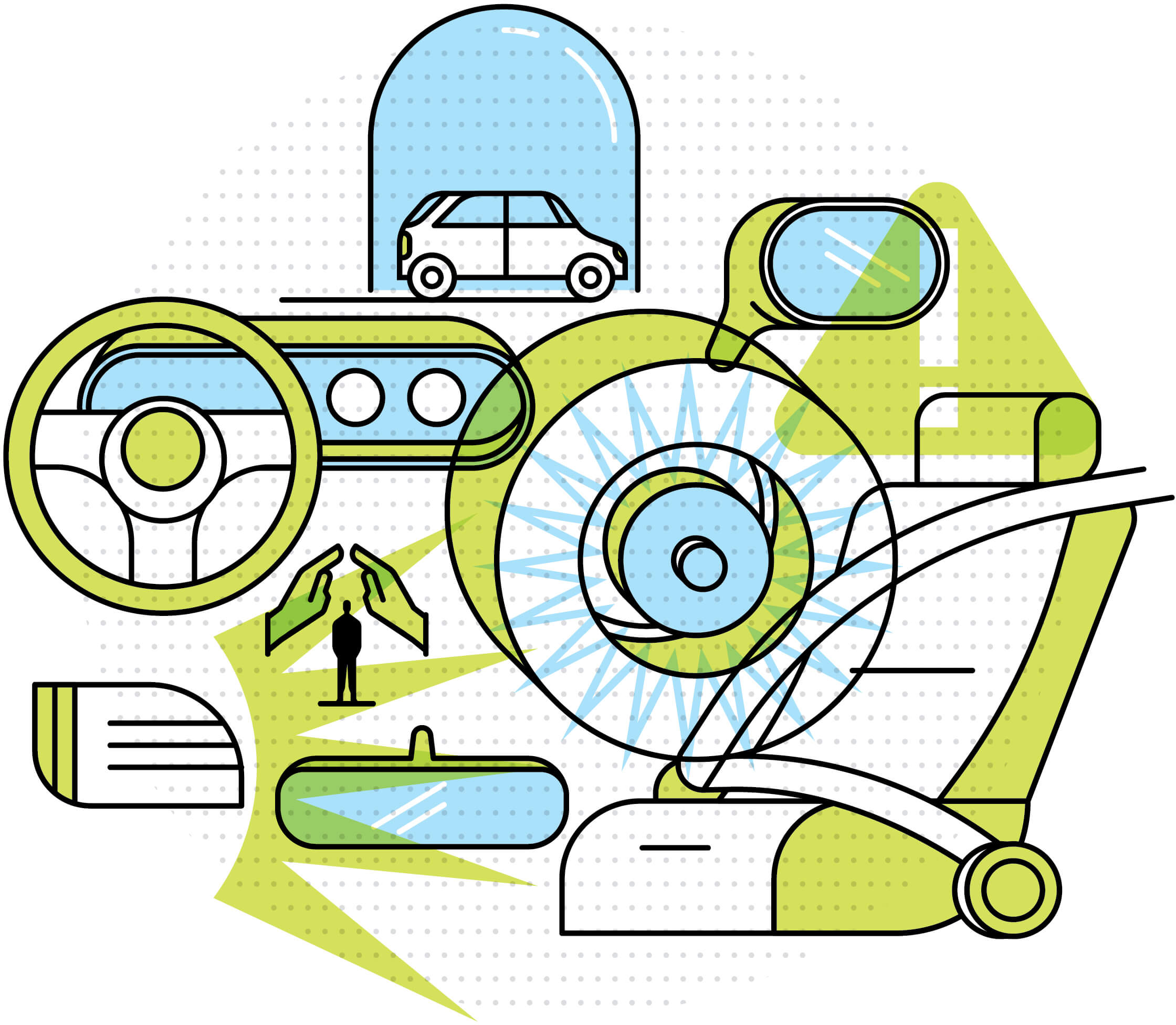 Green and blue illustration of different car parts and safety features overlapping