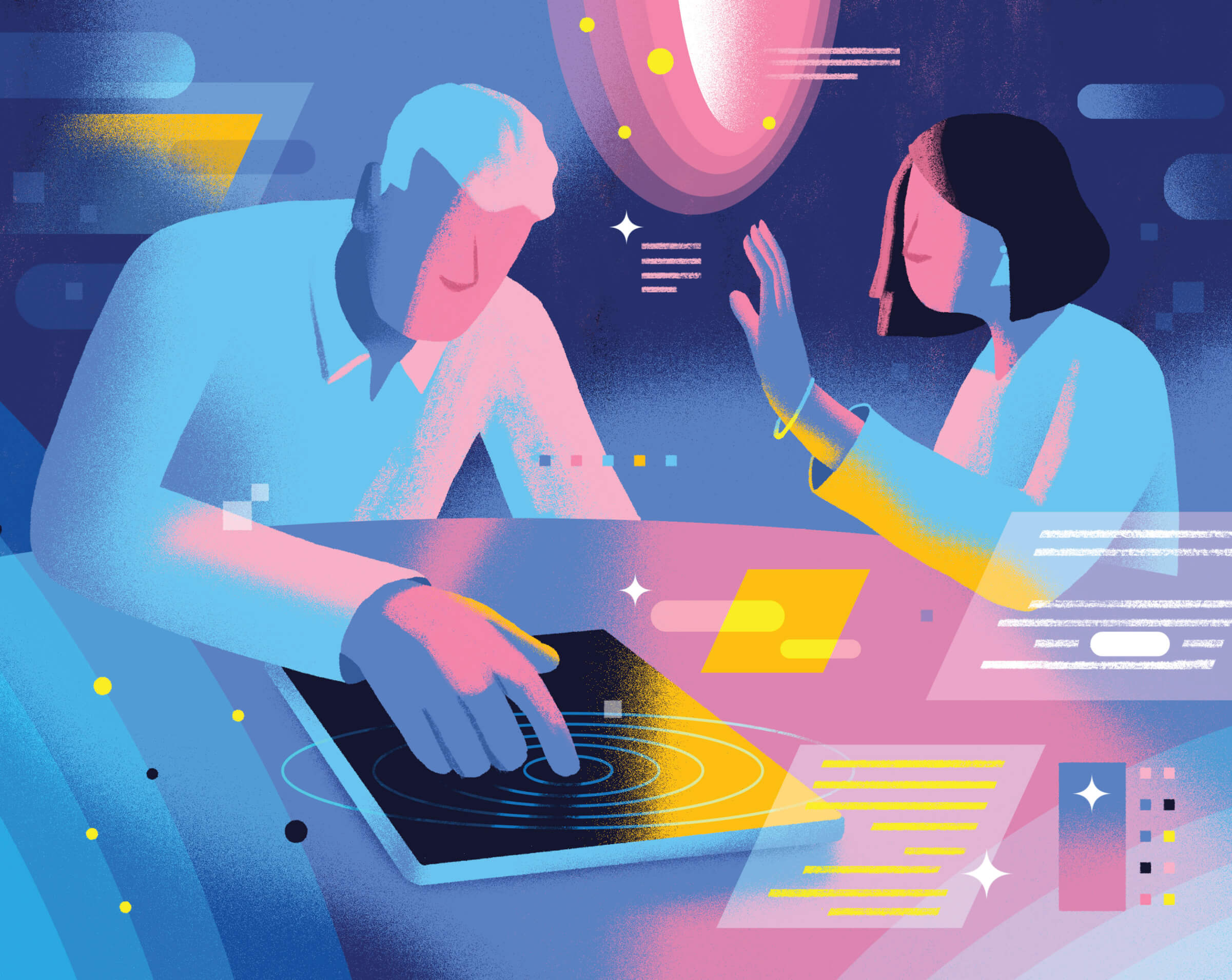 Colorful illustration of a man and woman interacting with a tablet and AI content being generated