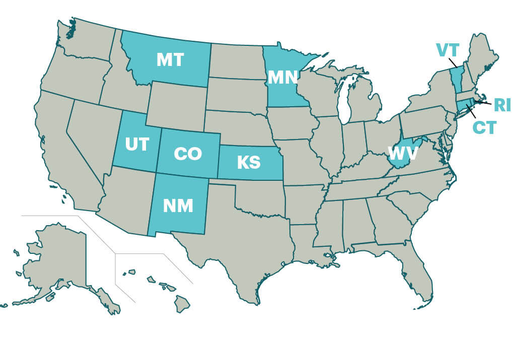 Map of the United States, where the following states are highlighted blue: Montana, Minnesota, Utah, Colorado, Kansas, New Mexico, West Virginia, Vermont, Rhode Island, and Connecticut