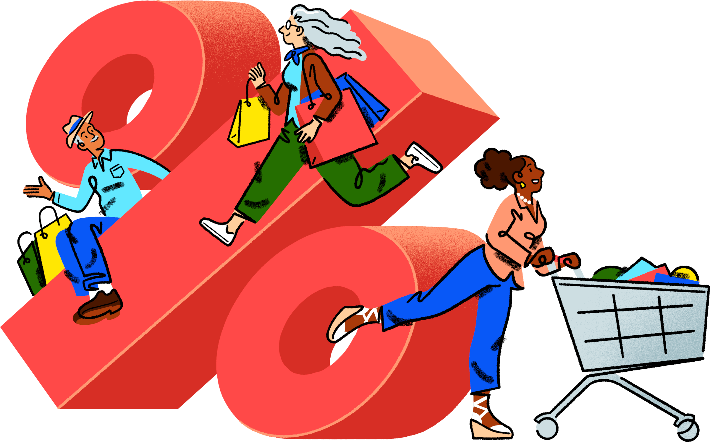 Illustration of three shoppers that are standing around a giant percentage symbol.