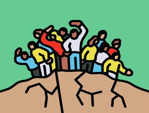 Illustration of a crowd of people standing on top of a cliff with cracks beneath it