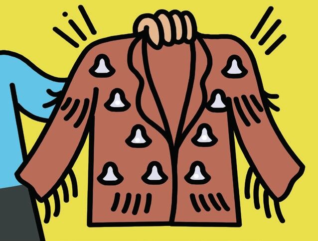 Illustration of a person holding a brown coat adorned with small bells and tassels