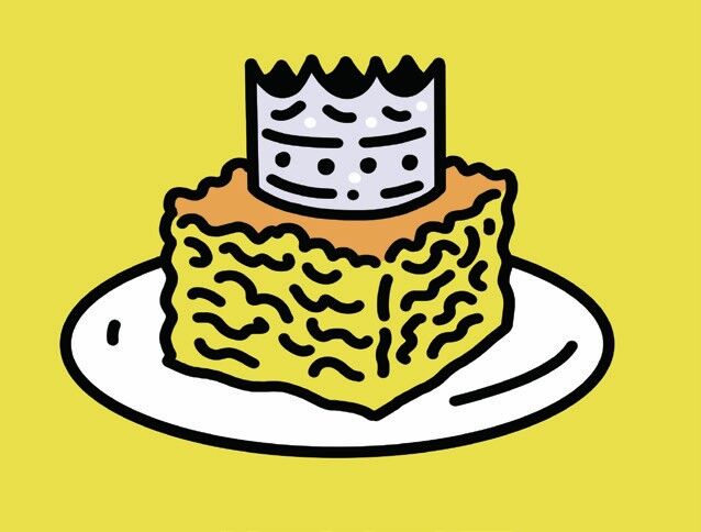 Illustration of a king's crown on top of a portion of noodle kugel