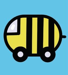 Illustration of a small vehicle with wheels that looks like a yellow and black bumblebee