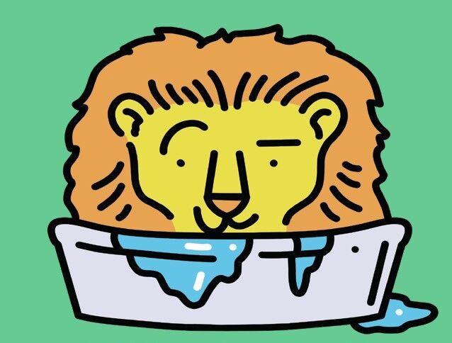 Illustration of a lion in a small tub of water
