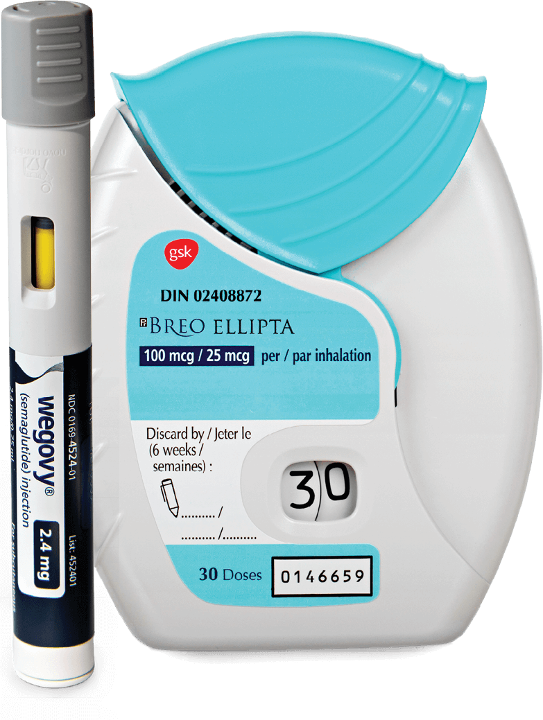 Photo of Wegovy pen and Brea Ellipta inhaler