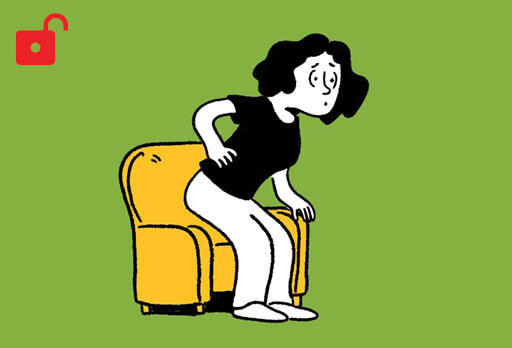 Illustration of a woman holding her back and getting up out of a chair