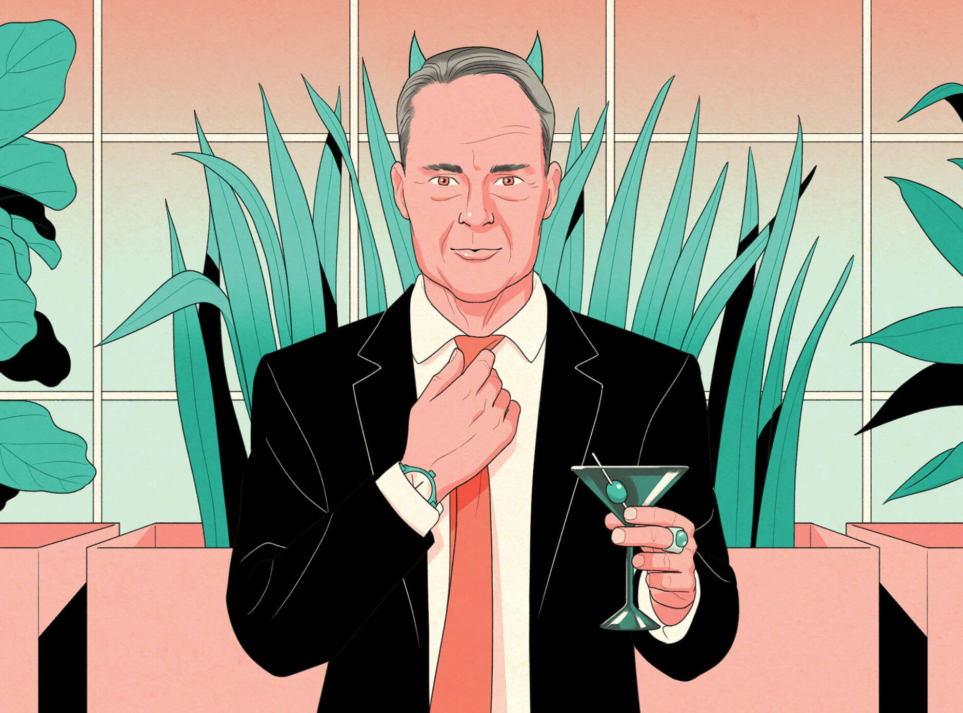 Illustration of a man in a suit adjusting his tie. He's holding a martini glass and wearing a gaudy watch and ring