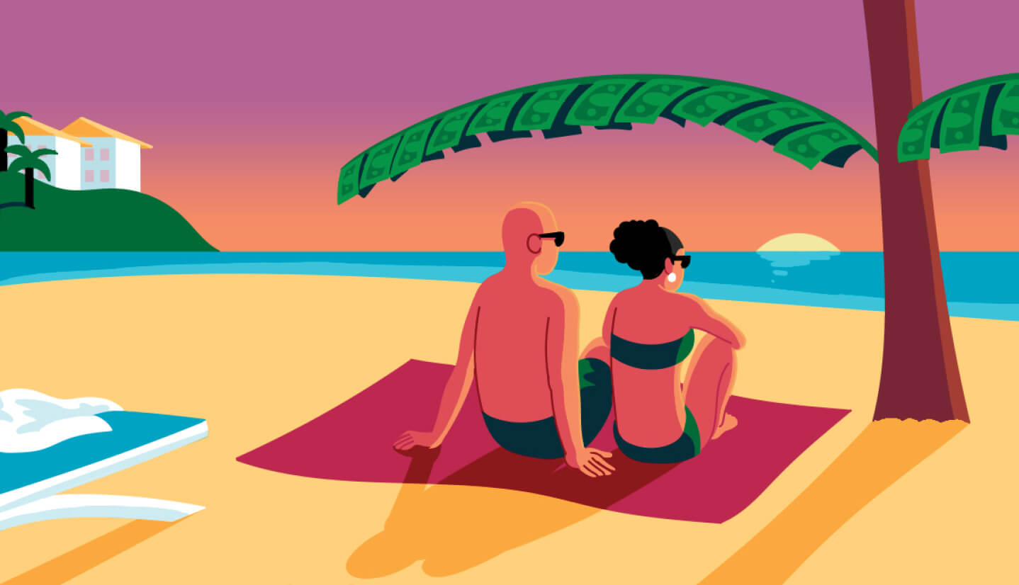 Illustration of a couple sitting on the beach, under a palm tree with dollars for leaves