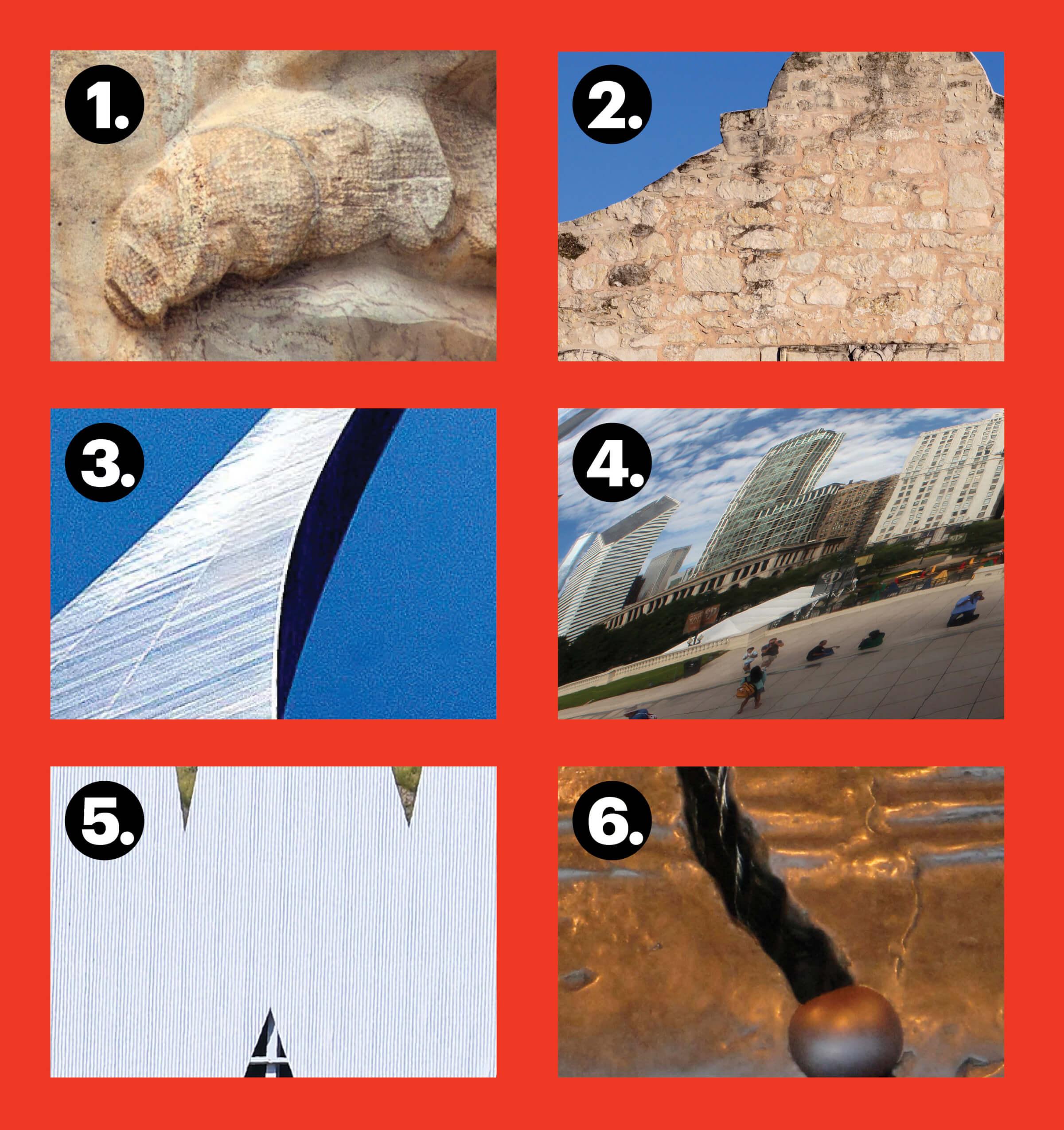 1. Photo of a carved shape in stone. 2. Photo of top corner of a stone building. 3. Photo of a silver arch. 4. Photo of warped buildings. 5. Photo of a white letter. 6. Photo of a crack in a bronze statue.
