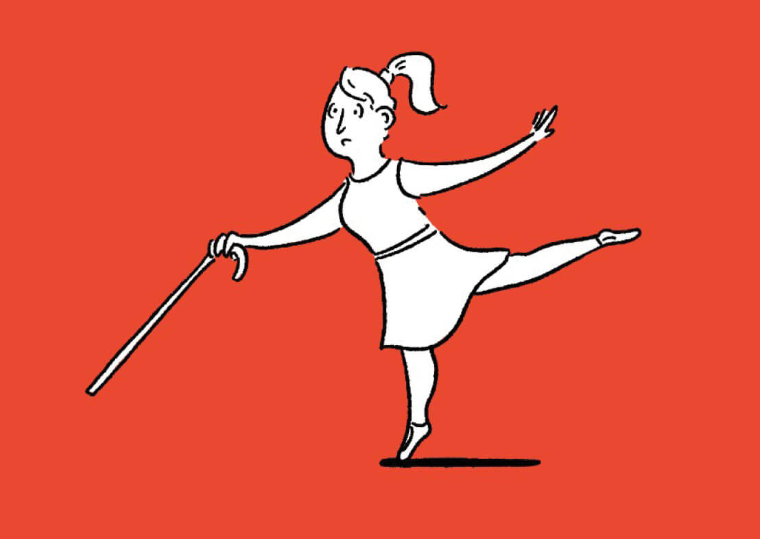 Illustration of a woman balancing on one foot, holding a cane
