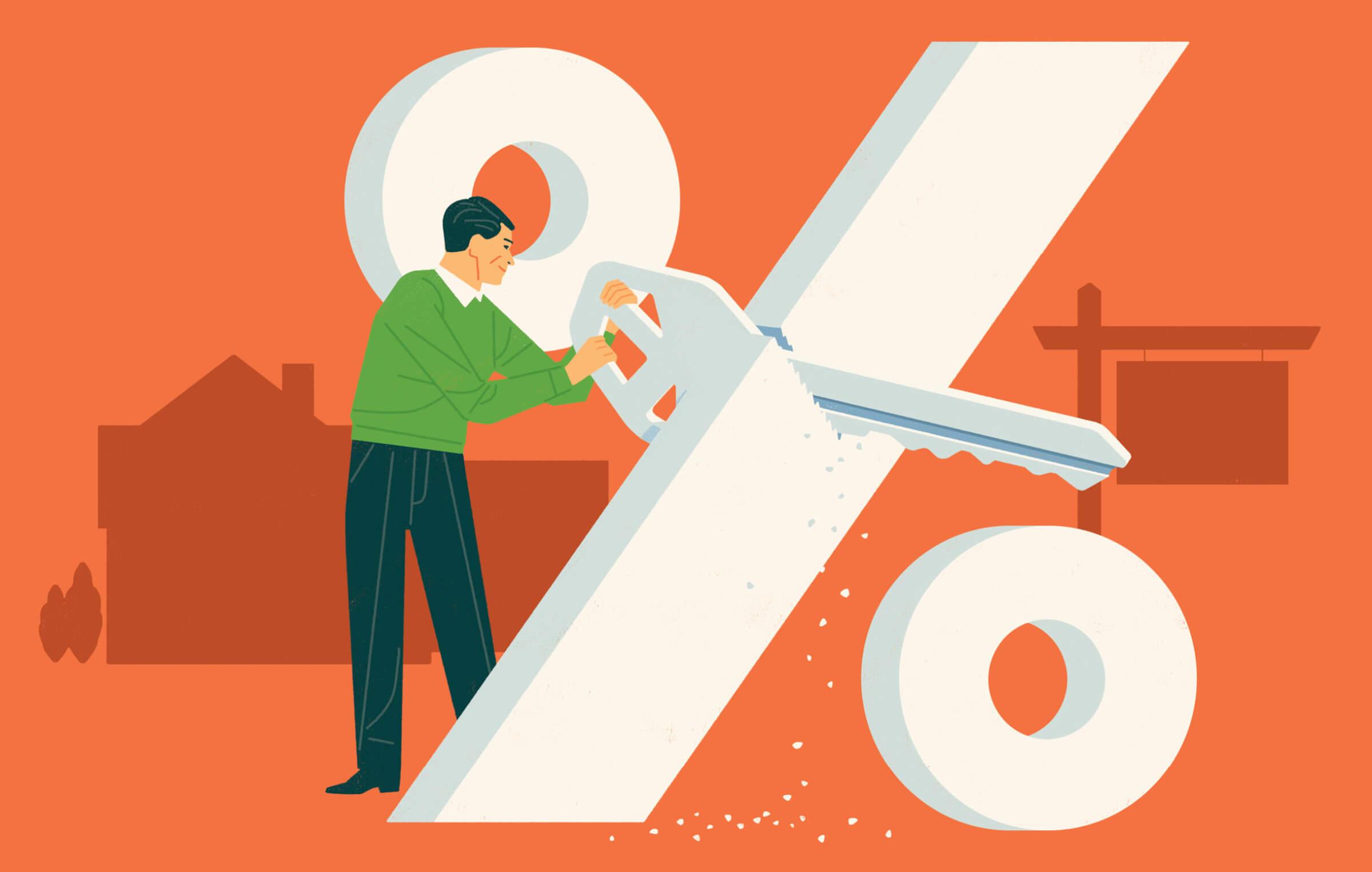Illustration of a man sawing a giant percentage sign in half with a house key