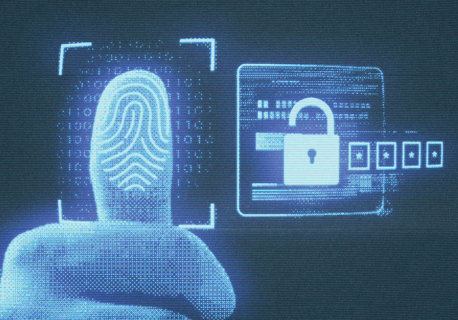 Photo illustration of a thumbprint being scanned with a lock and password symbol on screen