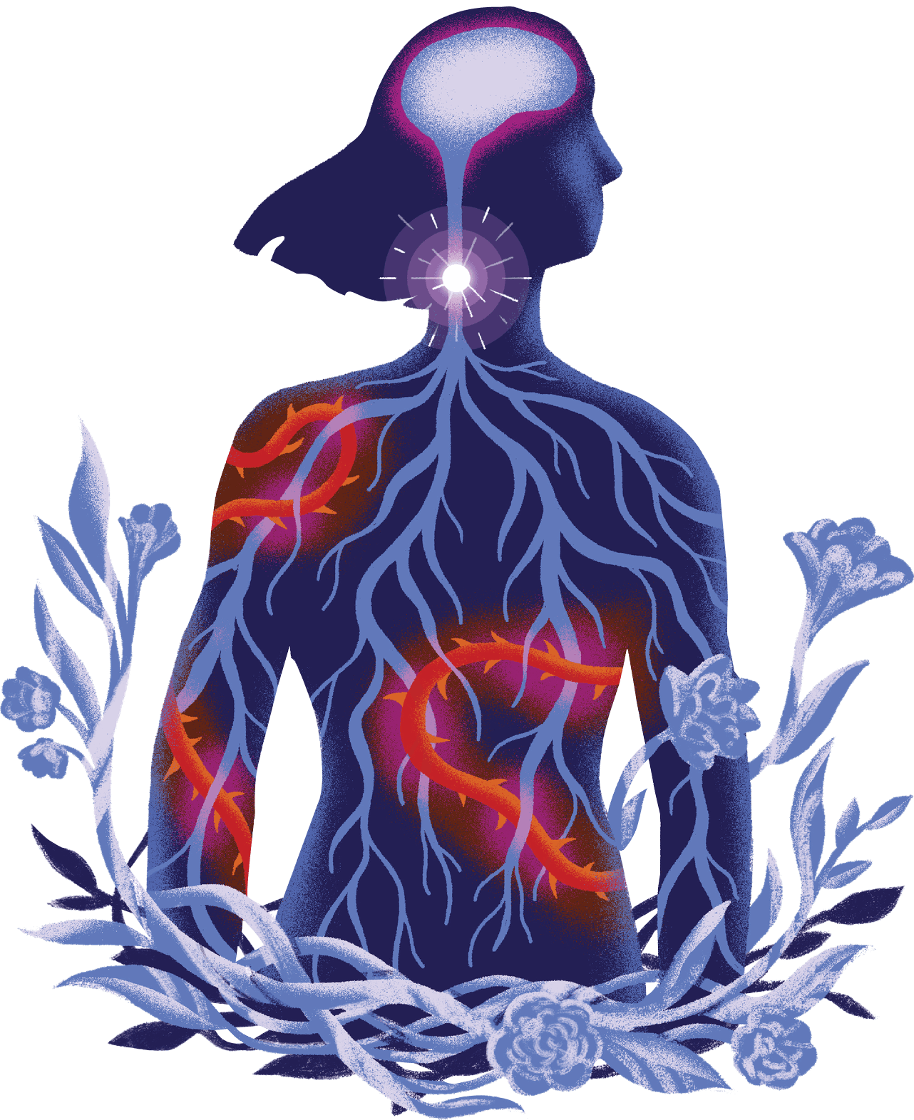 Illustration of the silhouette of a woman’s body till her waist. The image showcases a spark traveling from her brain down her nervous system.&nbsp;