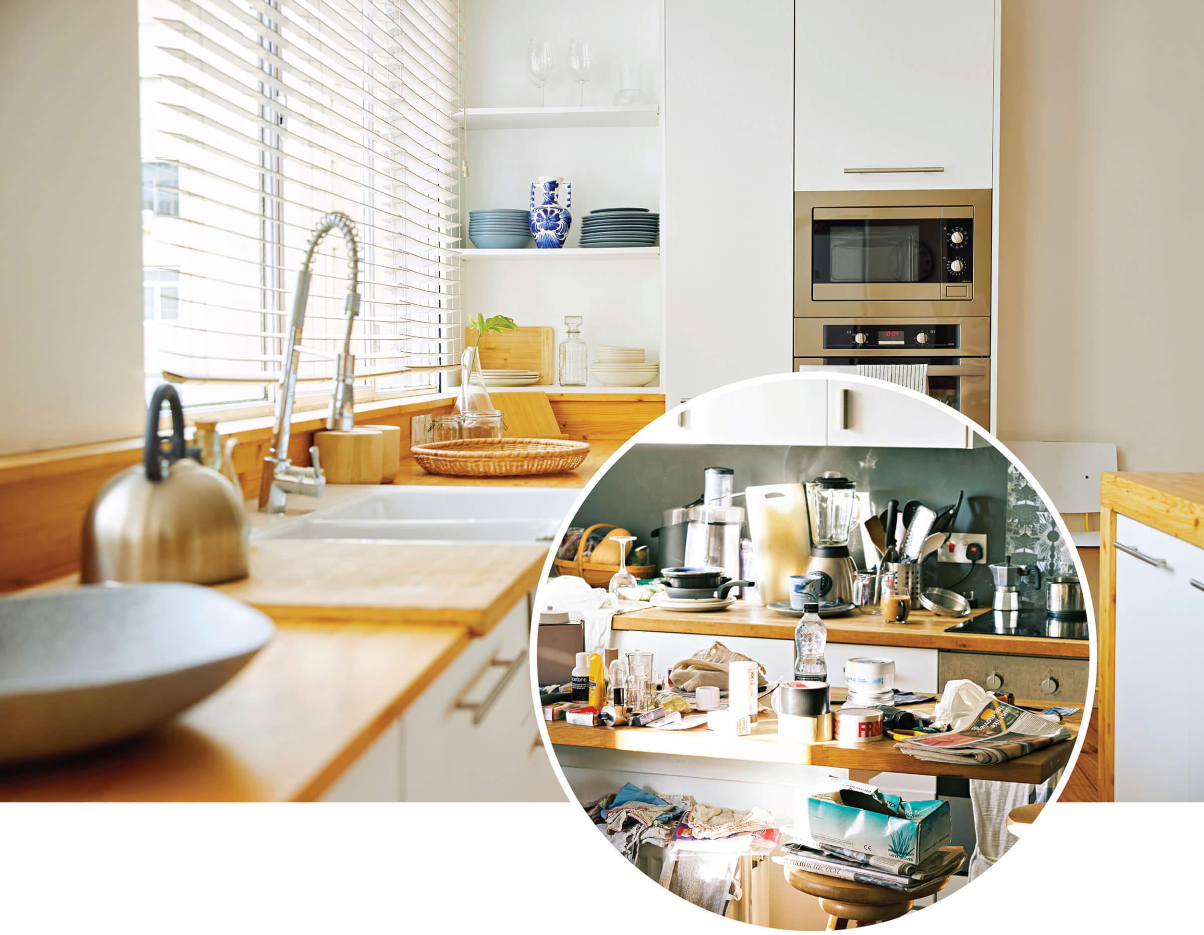 Photograph of a sparkling clean house&nbsp;with a photograph of a kitchen counter full of dirty dishes.