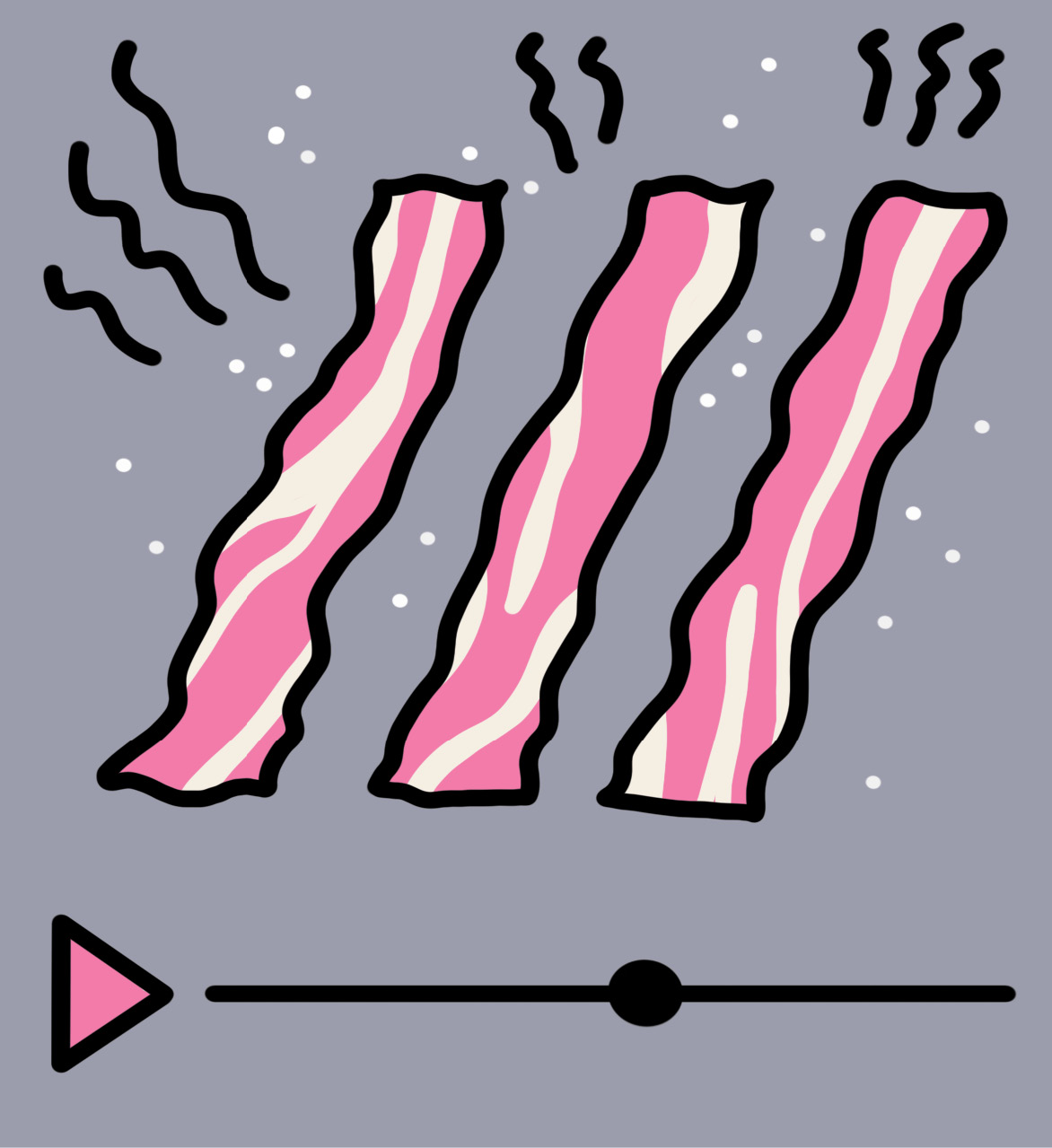 Three slices of bacon cooking with a play button underneath them&nbsp;