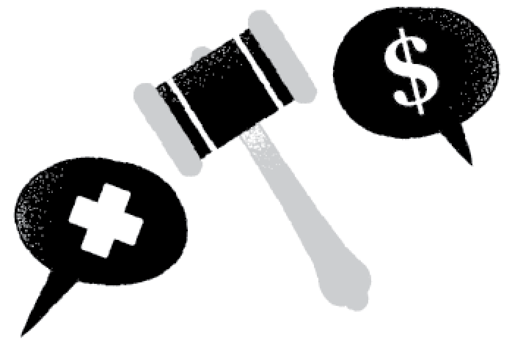 Illustration of a gavel with speech bubbles around it 