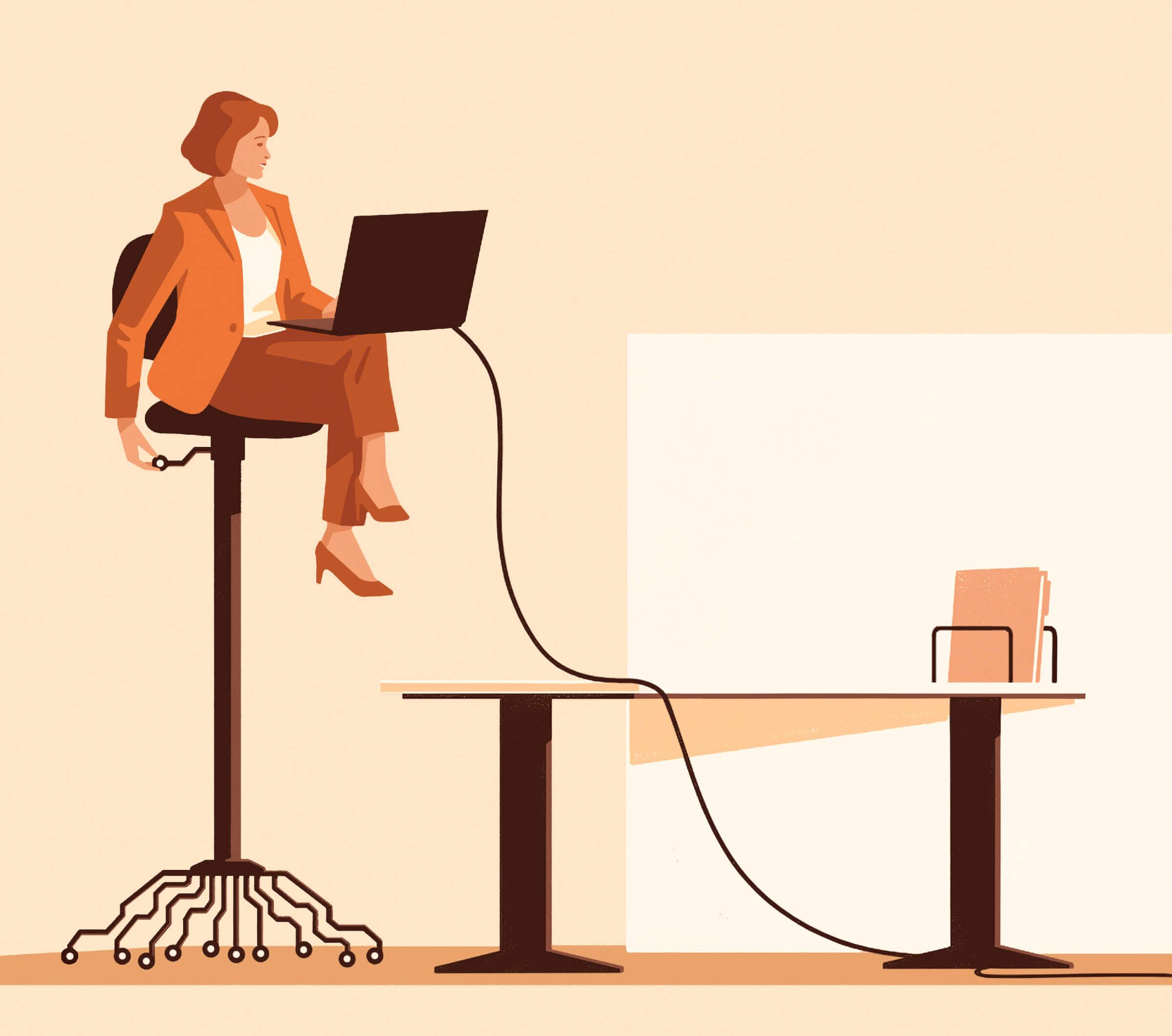 Illustration of a woman sitting on a tall chair and working on a laptop. The wheels of the chair resemble an electric circuit.
