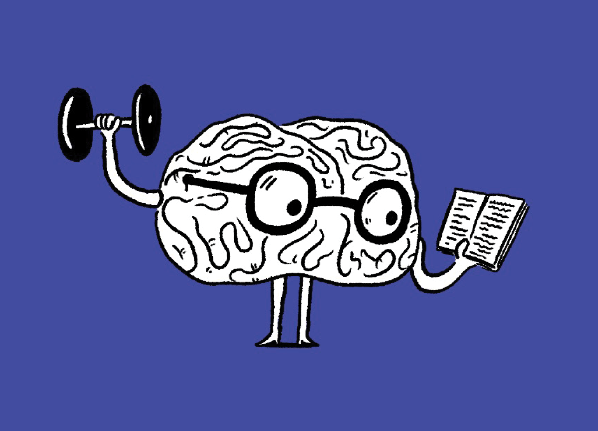 Illustration of a brain wearing glasses and reading a book in one hand and lifting a dumbbell in the other&nbsp;