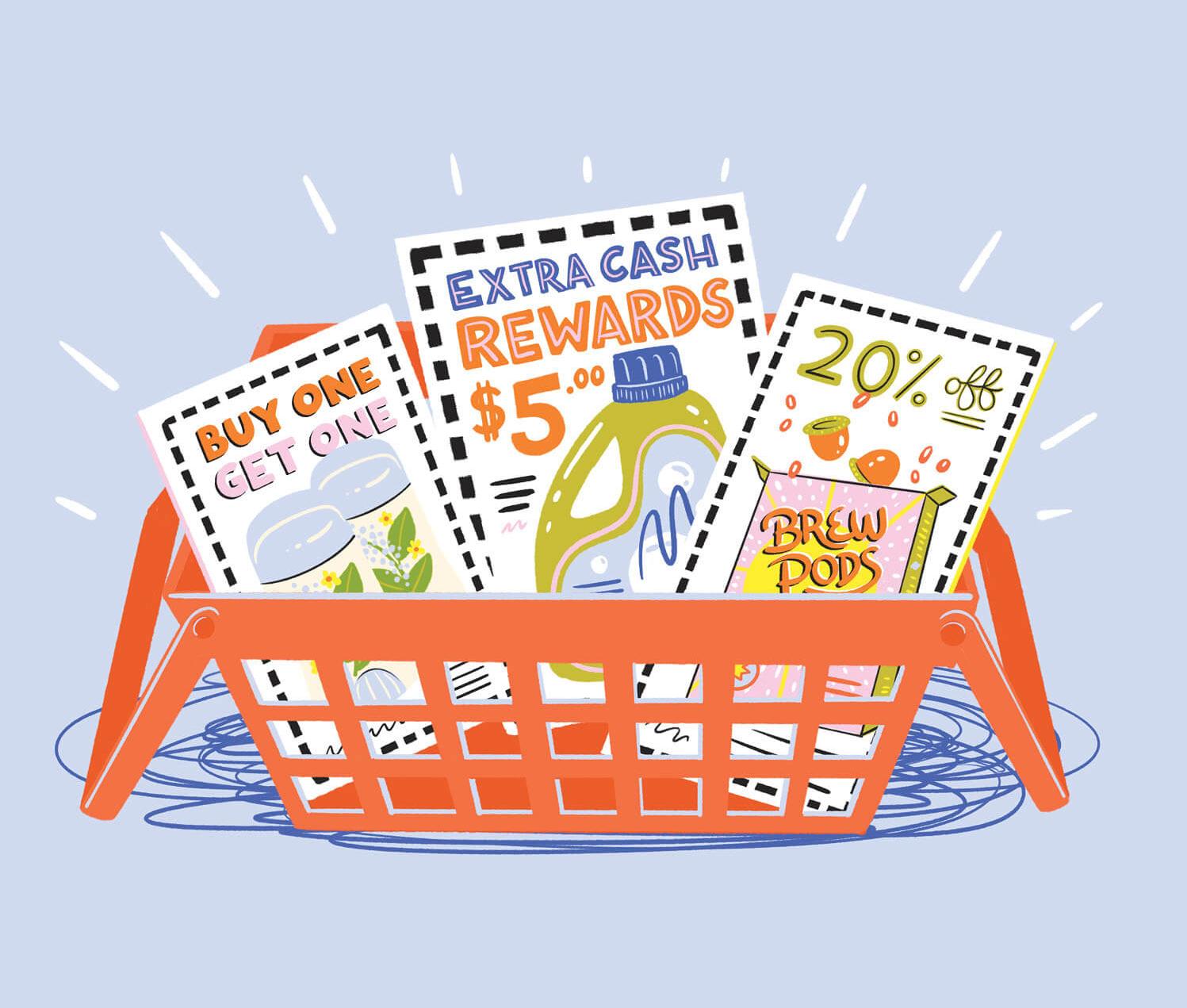 Illustration of a grocery cart with flyers showing off several grocery deals&nbsp;