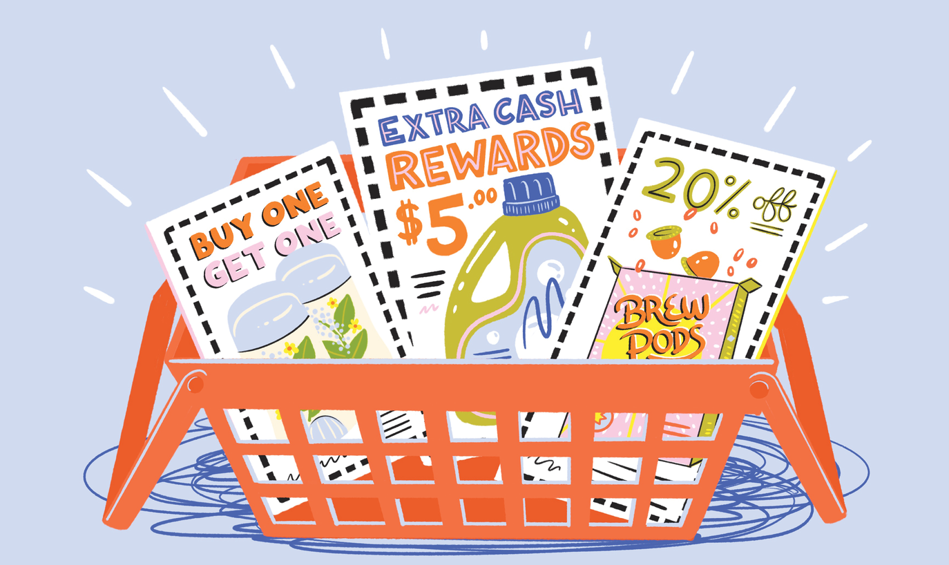 Illustration of a grocery cart with flyers showing off several grocery deals&nbsp;
