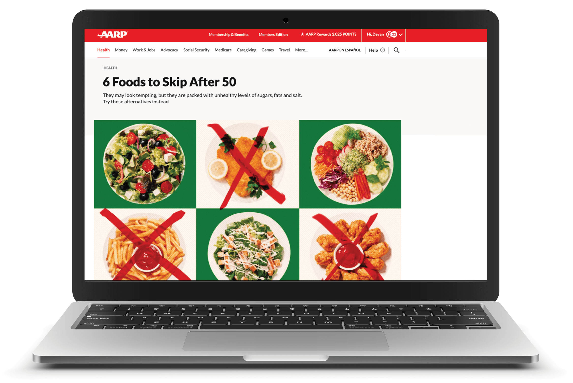 Image of a laptop screen showcasing AARP’s article on 6 Foods to Skip After 50