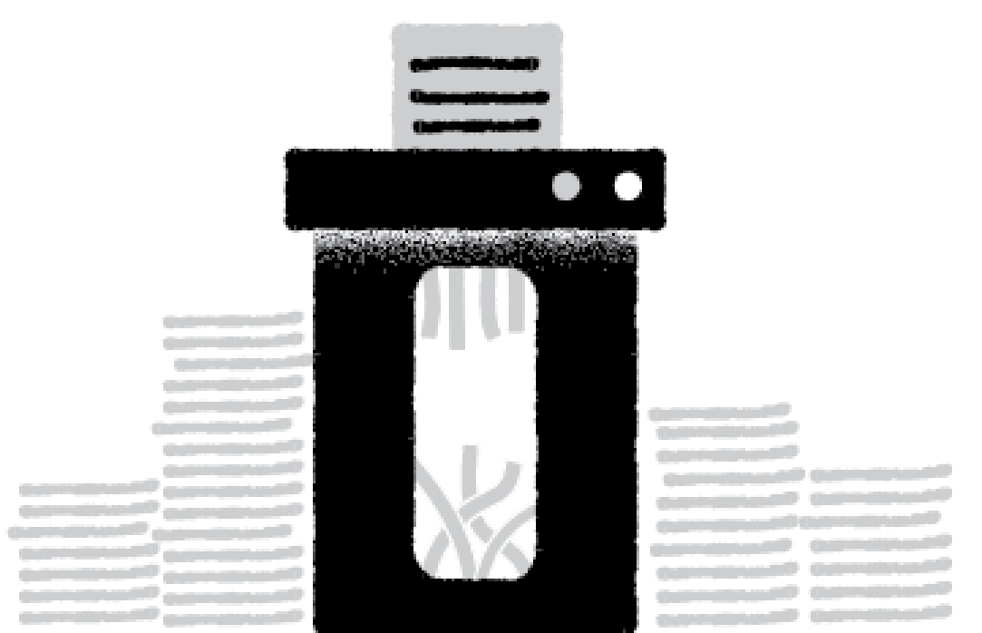 Illlustration of a shredder with stacks of paper around it waiting to be shredded 