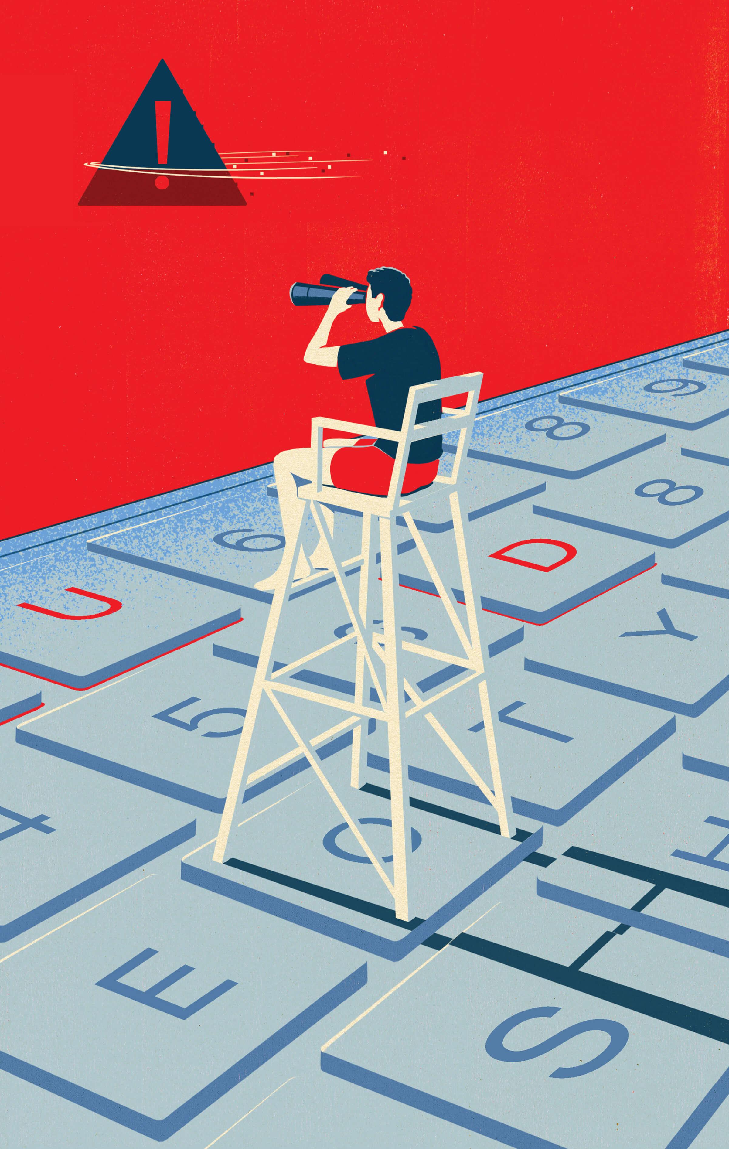 Illustration of a lifeguard looking out into a red colored sea with binoculars. His chair sits on a keyboard, and he is watching a warning symbol float precariously in the water.
