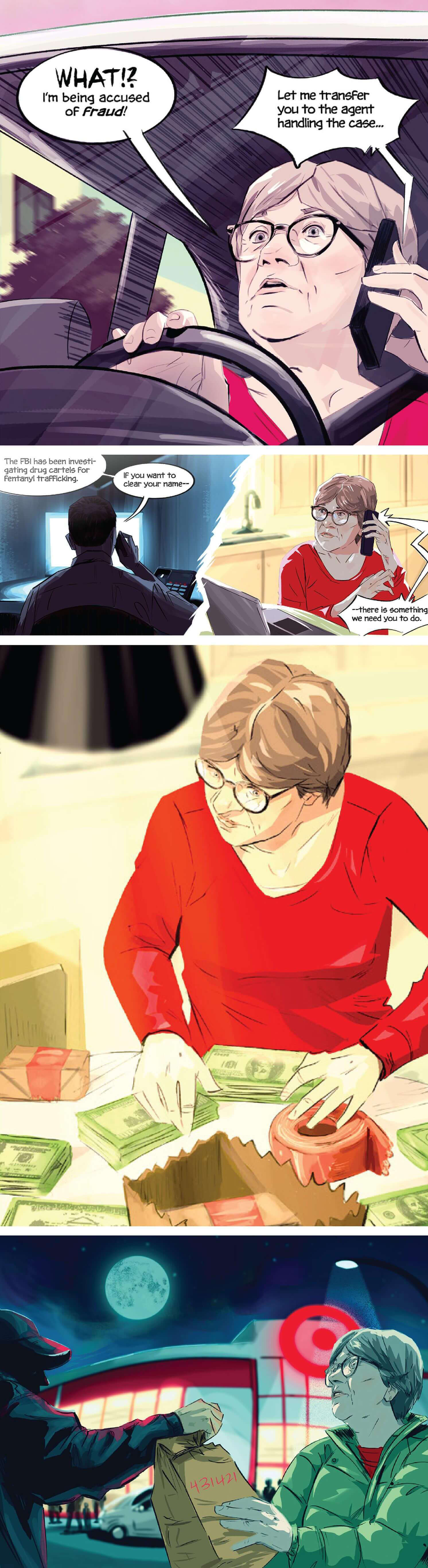 Comic strip showing an older woman getting a call from the FBI but getting scammed for money instead