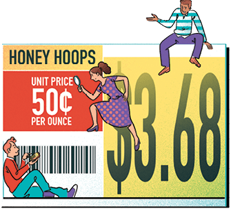 Illustration of small characters inspecting a grocery store price label