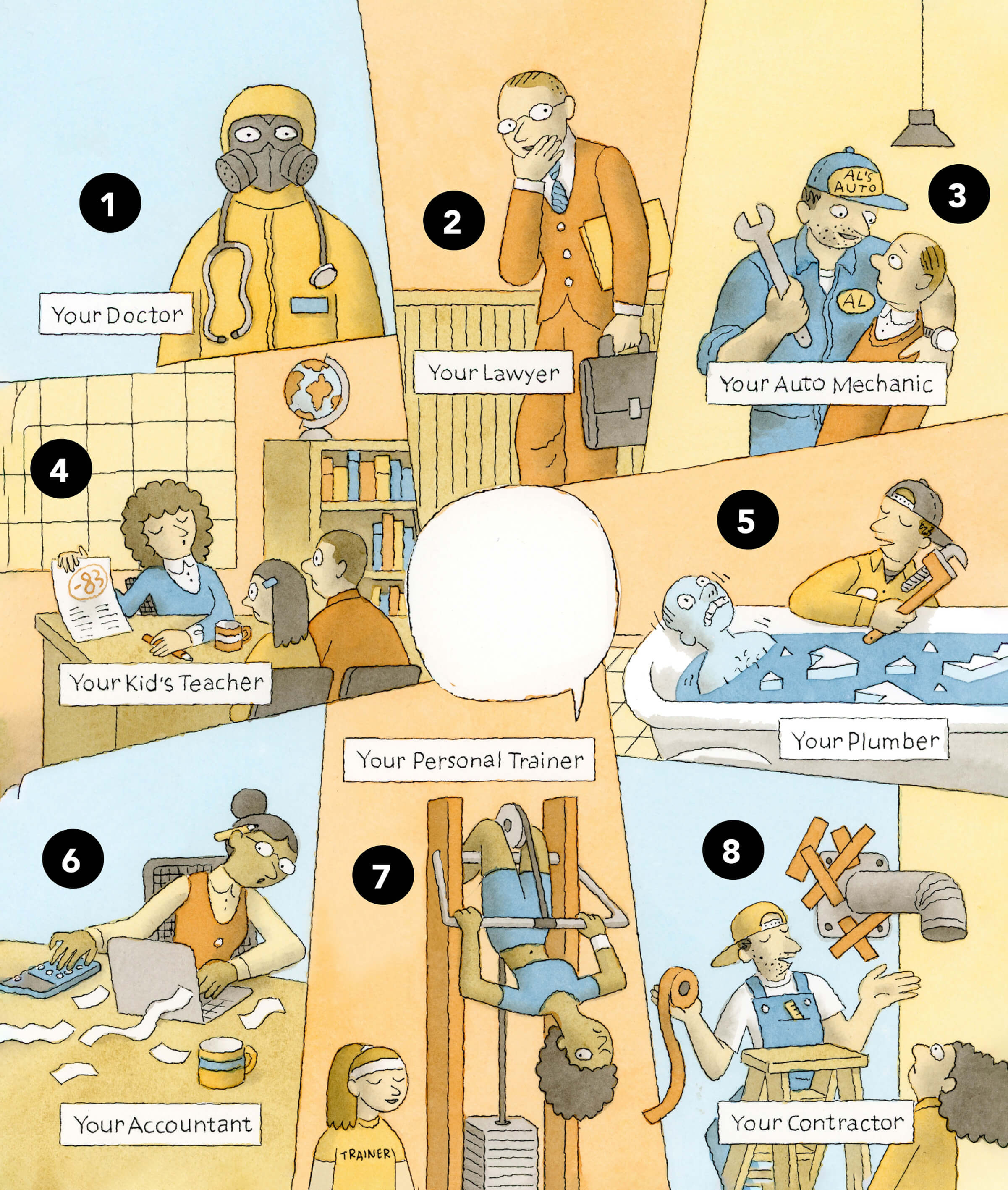 Illustration of 8 different scenes, featuring: A doctor in a hazmat suite, a confused lawyer, an auto mechanic with his arm around a car owner, a teacher holding up a graded paper to parents, a plumbe