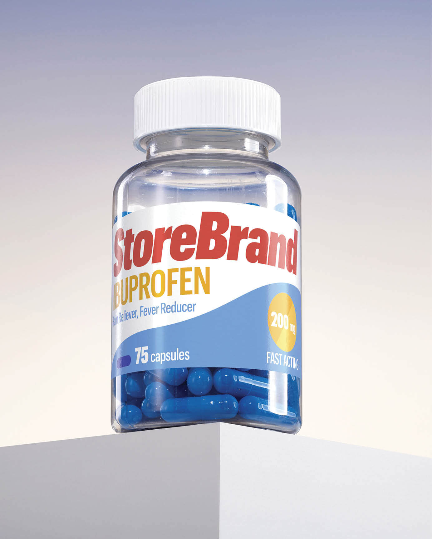 Photo of a bottle of blue pills. Label reads Store Brand Ibuprofen