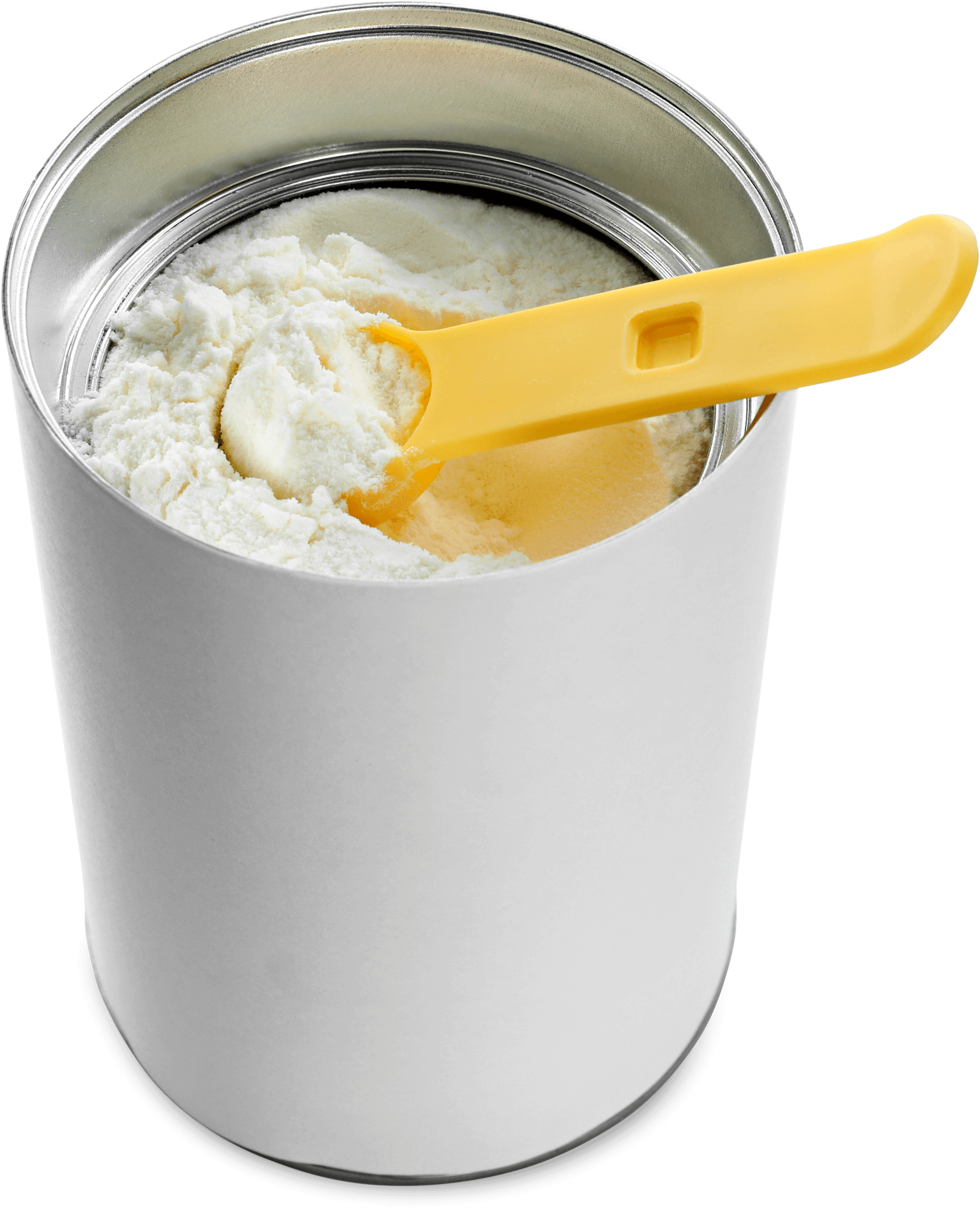 Photo of measuring spoon inside open can of powdered milk