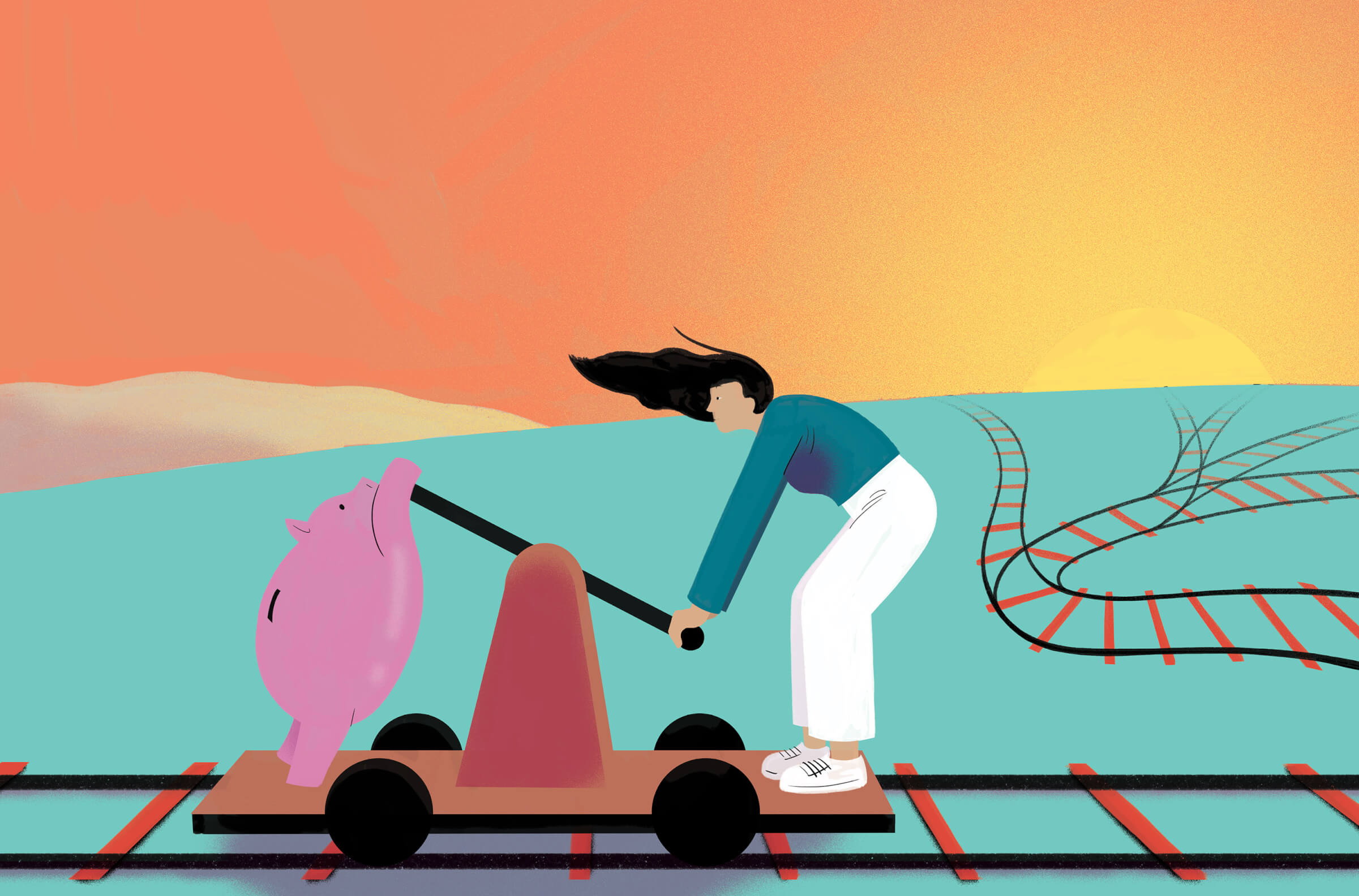 Illustration of a woman and a piggy bank taking turns propelling a train track cart. The train tracks veer different directions into the distance. 