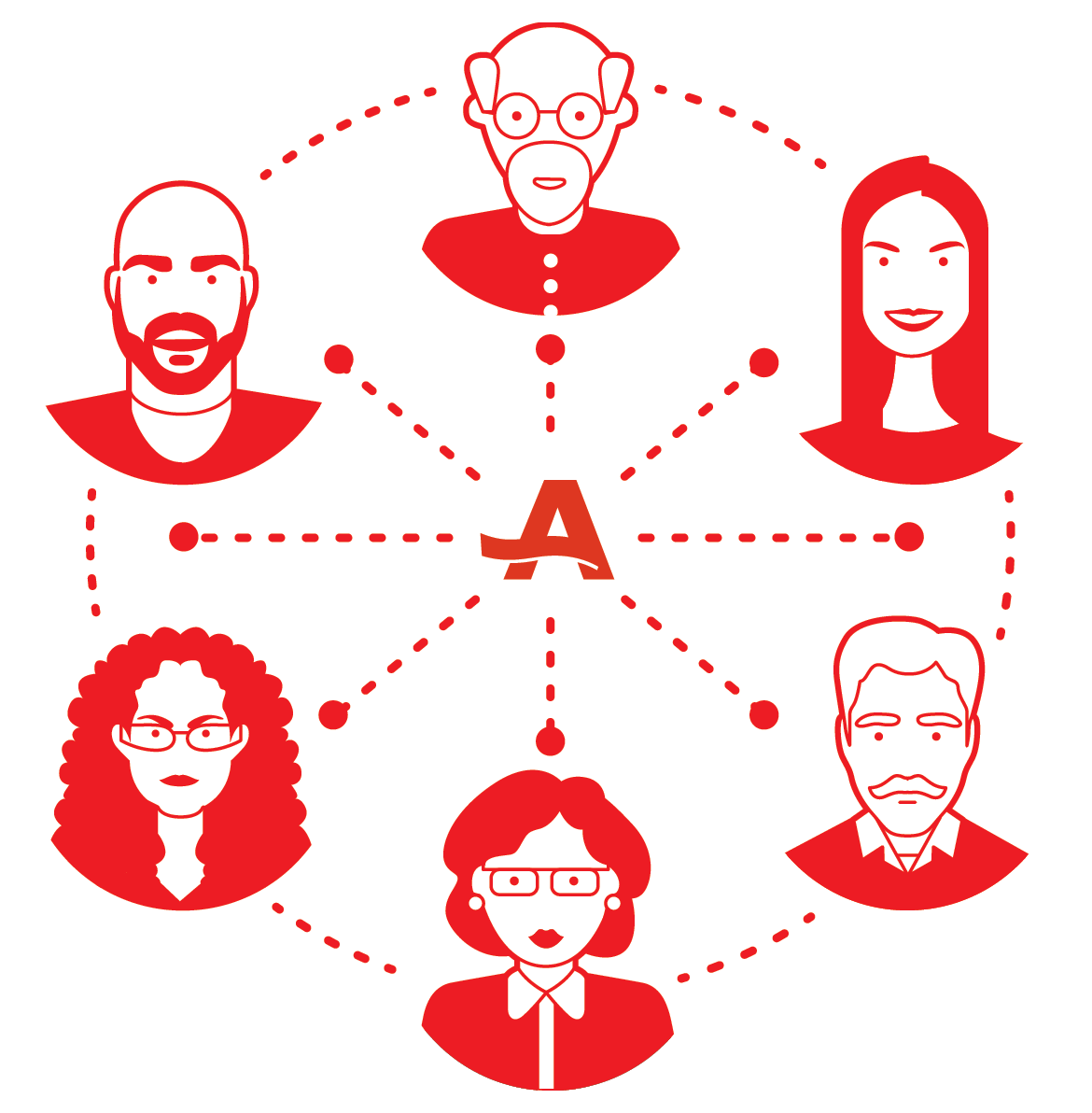 Circle of red icons of different adults who are connected by dotted lines that connect back to the AARP logo