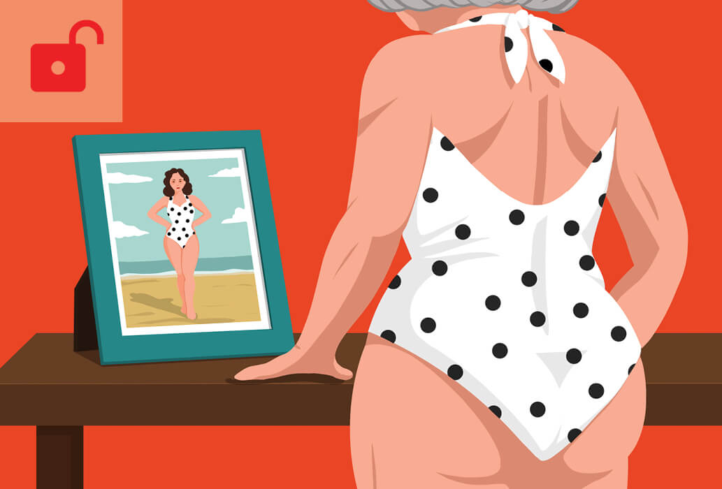 Illustration of older woman in swimsuit, looking at younger photo of herself in same swimsuit