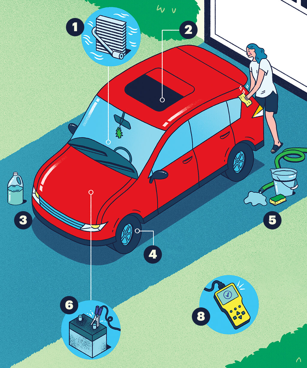 Illustration of a woman cleaning her car