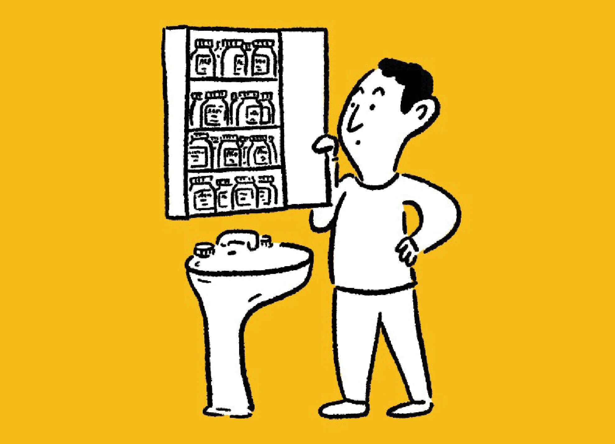 Illustration of man looking into medicine cabinet filled with many pill bottles