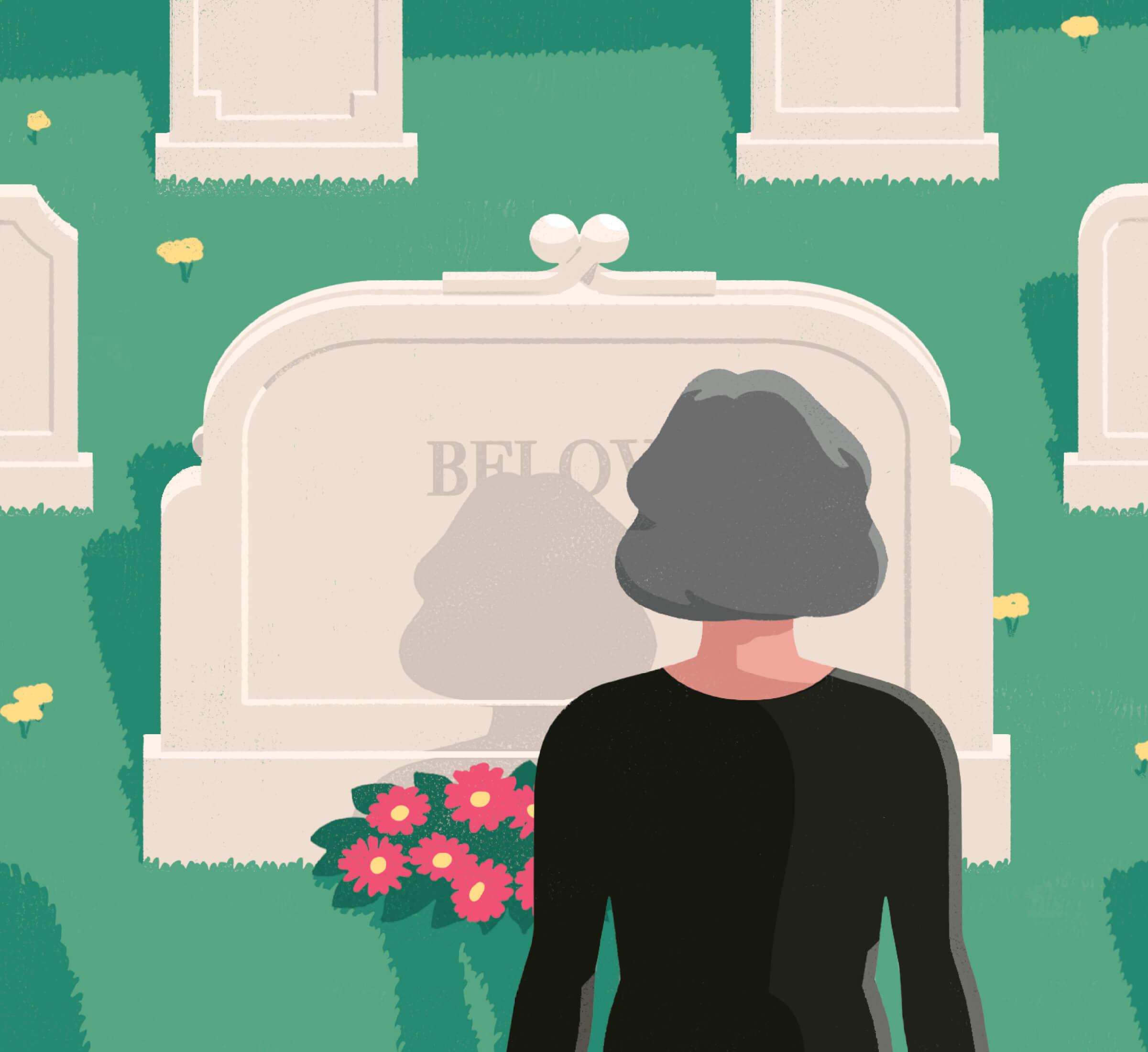 Illustration of a woman dressed in black standing in front of a tombstone that is shaped like a coin purse