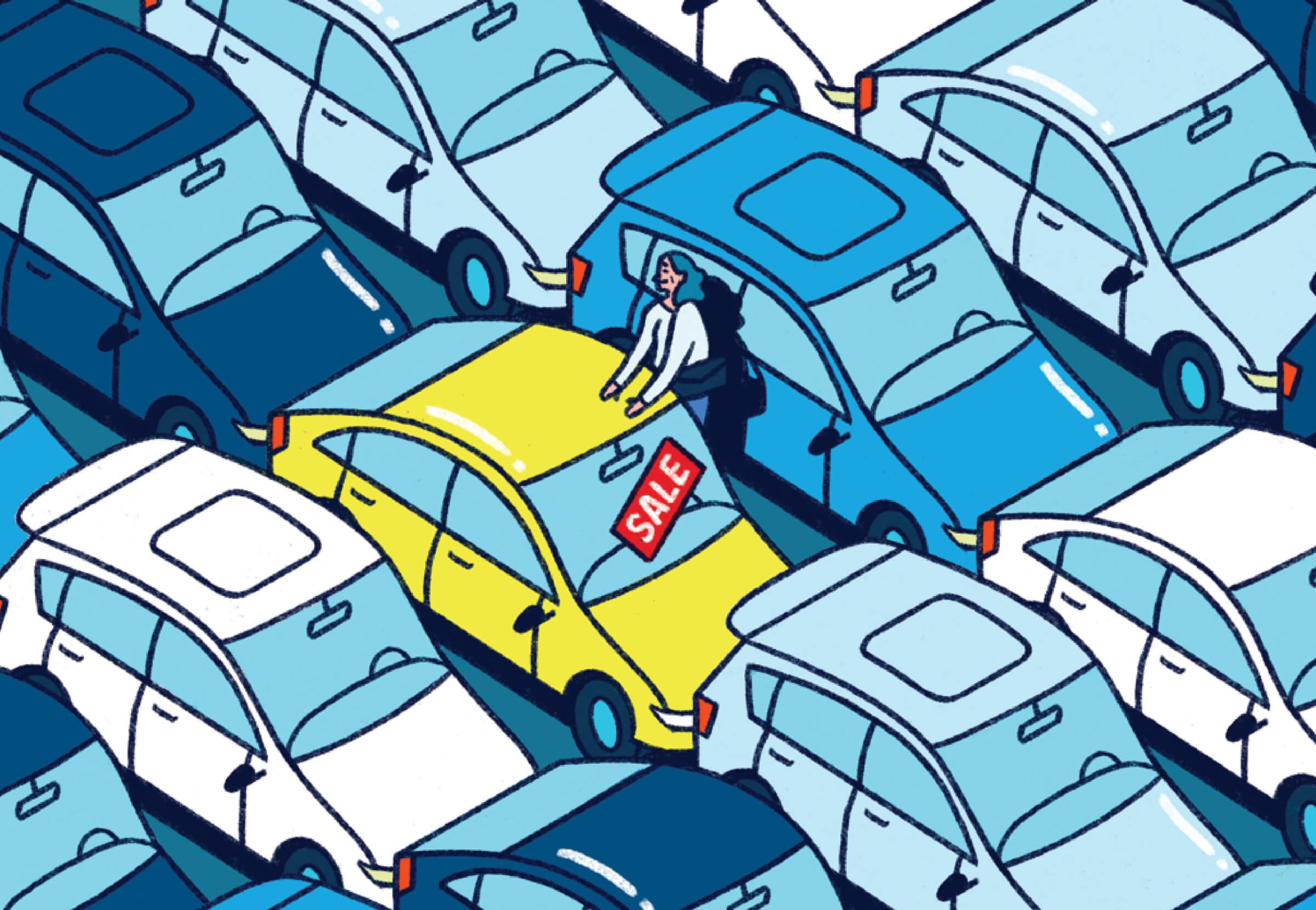 Illustration of a woman standing in a lot for for-sale cars. She has her hands on the hood of one that says SALE